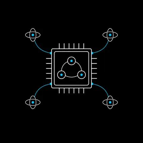 Diagram of a quantum computer: a processor chip holding linked qubits, wired to four atom symbols