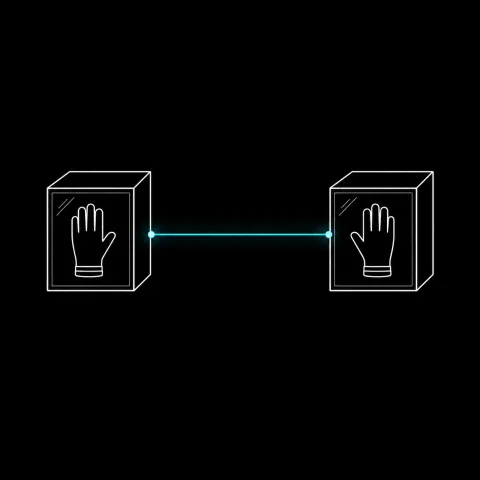 Diagram of quantum entanglement: two sealed boxes, each holding one glove of a pair, linked by a line of light