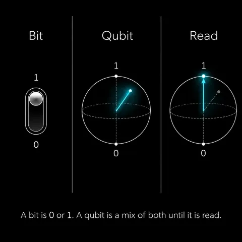Diagram comparing a bit and a qubit: a switch set to 0 or 1, a qubit arrow pointing between 0 and 1, and the same qubit snapping to 1 once read